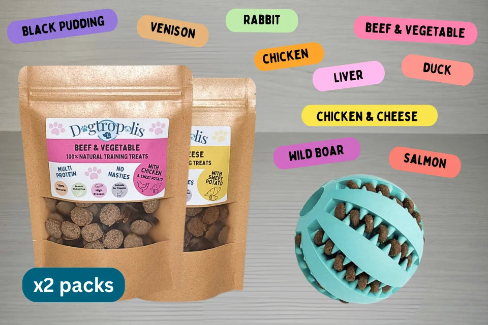 Natural Training Treats (2 Packs) & Dispensing Ball Toy Bundle