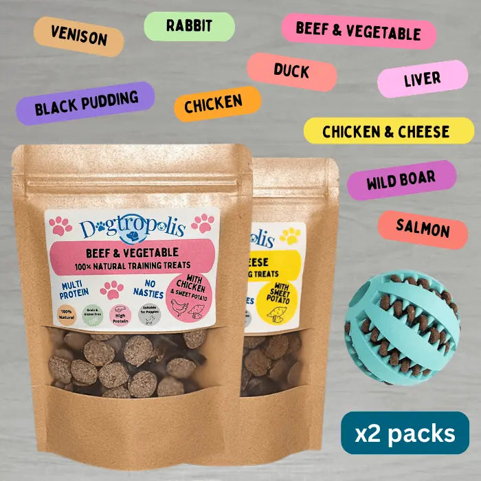 Natural Training Treats (2 Packs) & Dispensing Ball Toy Bundle