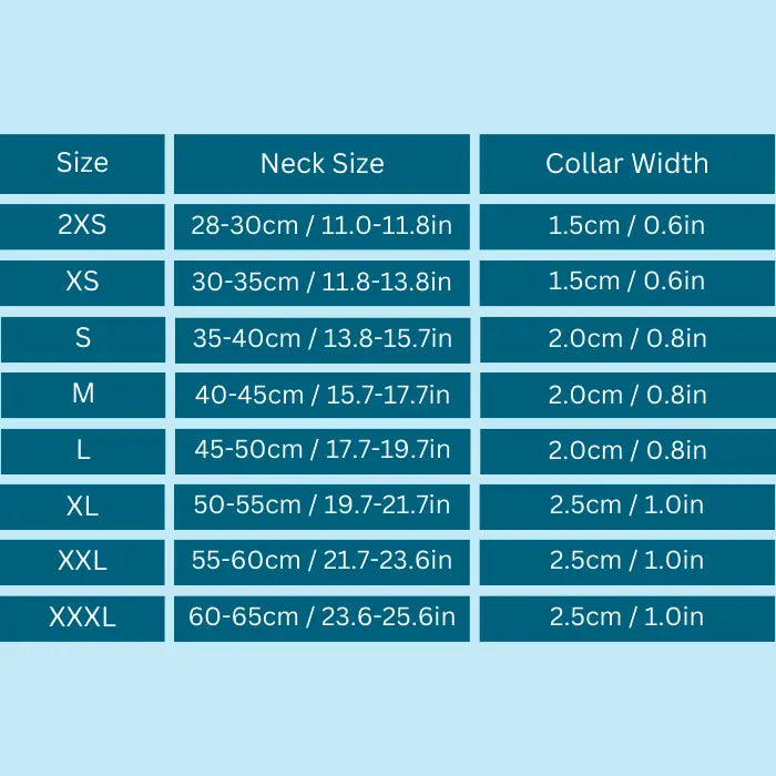 Truelove AirMesh Dog Collar Size Chart
