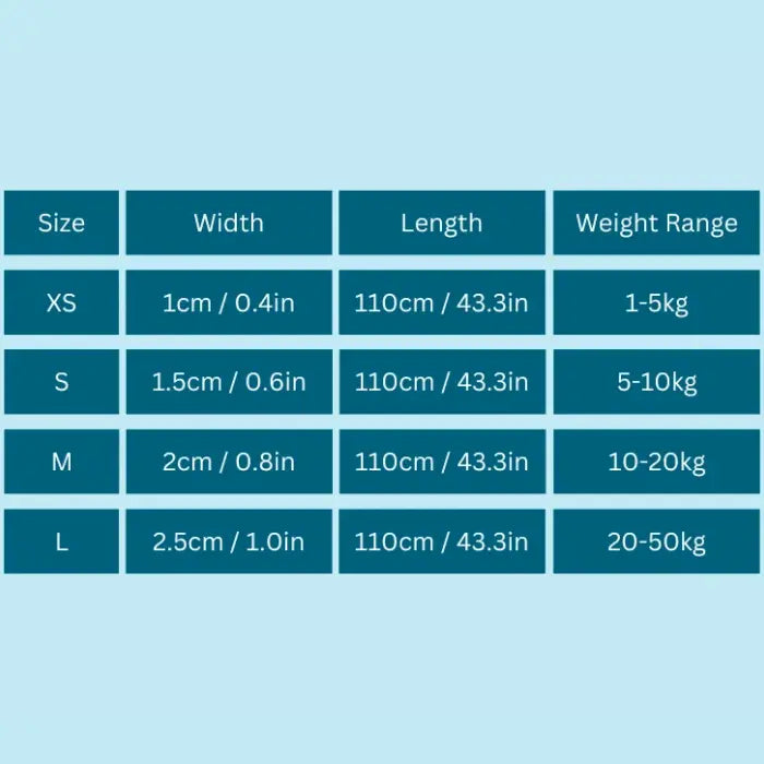 Truelove AirMesh Dog Lead Size Guide