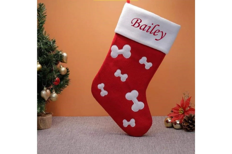Deluxe Plush Red & White Top Dog Bone Stocking - Personalised or Plain