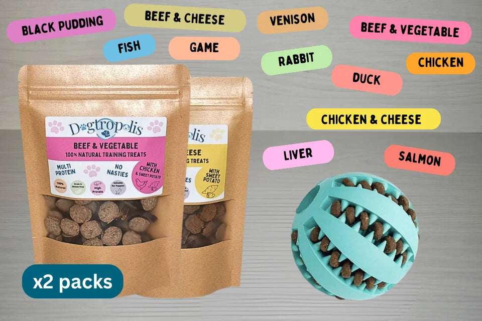 Natural Training Treats (2 Packs) & Dispensing Ball Toy Bundle